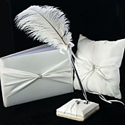 Ensemble Mariage Satin Blanc (Livre + Porte-Plume + Stylo + Oreiller)