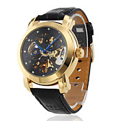 Reloj Pulsera de Mecanismo Visto, Grabados Huecos y Correa de Cuero PU Negra