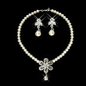 Flower Garden Ladies Pearl Necklace and Earrings Jewelry Set (50 cm)