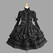 Long Sleeve Knee-length Black Cotton Gothic Lolita Dress with Lace