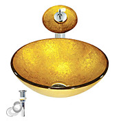 gouden gehard glazen vat wastafel met waterval kraan, pop - up afvoer en montage ring