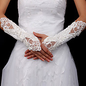 Satin Bridal Fingerless Elbow Length Gloves With Embroidery