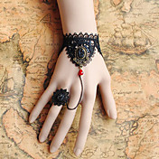 Handmade Black Lace Rococo Style Gothic Lolita Ring Bracelet with Blood Diamond