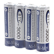 BTY AA 3000mAh Rechargeable Ni-MH Batteries (1.2V, 4-Pack)