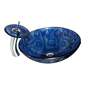 4247 Tempered Glass Vessel Round Sink With Pop-Up Drain and Mounting Ring and Waterfall Faucet