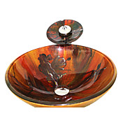 VT4221 Tempered Glass Vessel Round Sink With Mounting Ring and Waterfall Faucet and Pop-Up drain