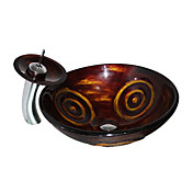 4243 Tempered Glass Vessel Round Sink With Waterfall Faucet and Pop-Up Drain and Mounting Ring