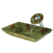 VT4222 Tempered Glass Vessel Square Sink With Waterfall Faucet and Pop-Up drain and Mounting Ring