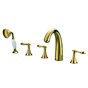 Contemporary Ti-PVD Finish Three Handles Widespread With Brass Handled Shower Head Tub Faucet
