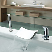 Two Handles Widespread Chrome Finish Contemporary Waterfall Tub Faucet With Handshower