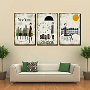 13 "-28" Ciudad de dibujos animados reloj de pared en lienzo 3pcs