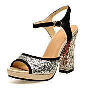 Vakker Patent Leather And Sequin Chunky hæl sandaler parti / kveld sko (flere farger)