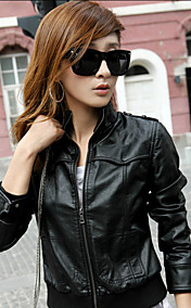 Long Sleeve Standing Collar PU Jacket With Pockets