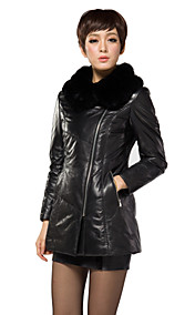 Eiderdown Filled Long Sleeve Rabbit Fur Collar Wedding/ Office Lambskin Leather Coat (More Colors)