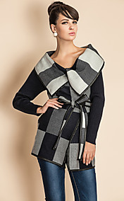 TS Check Pattern Wide Lapel PU Stitching Woolen Coat