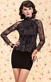 TS VINTAGE Stand Collar Navy Flock Print Lace Blouse Shirt