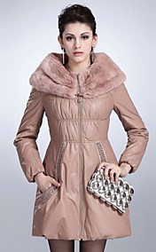 Long Sleeve Rex Rabbit Fur Turndown Collar Lambskin Leather Casual/Party Coat (More Colors)