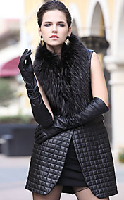 Raccoon Fur Shawl Collar Lambskin Leather Casual/Party Vest