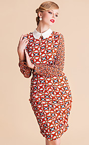 TS Contrast Collar Langærmet Print Indsamlet Dress
