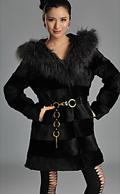 Long Sleeve Raccoon Fur Hooded Collar Rabbit Fur Casual/Party Coat