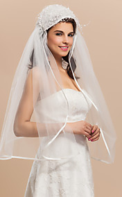 Beautiful Two-tier Elbow Ribbon Edge Wedding Veils With Bead