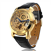  Automatic Mechanical Black Leather Band Wrist Watch with Golden Hollow Engraving Dial