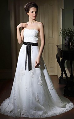 A-line Sweetheart Sweep/ Brush Train Satin Organza Wedding Dress