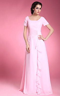A-line Square Short Sleeve Floor-length Chiffon Mother of the Bride Dress