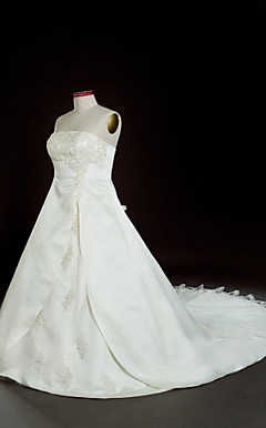 A-line Strapless Chapel Train Satin Plus Size Wedding Dress with Split Front