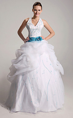 Ball Gown Halter Floor-length Satin Organza Wedding Dress