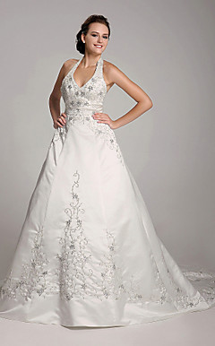 A-line Halter Court Train Satin Embroidery Wedding Dress