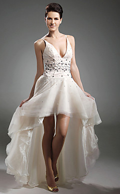 A-line V-neck Asymmetrical Organza Evening Dress