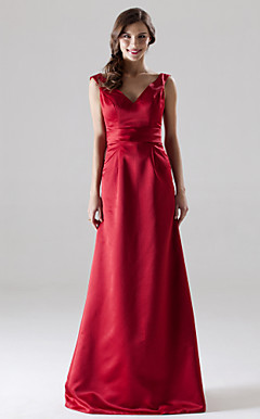 A-line V-neck Floor-length Satin Bridesmaid/ Wedding Party Dress