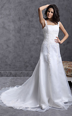 A-line Straps Court Train Organza Wedding Dress with Beaded Applique