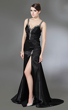 Sheath/Column V-neck Sweep/Brush Train Stretch Satin Evening Dress