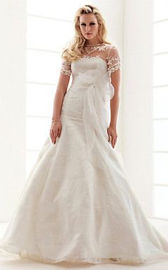A-line Jewel Court Train Lace Wedding Dress
