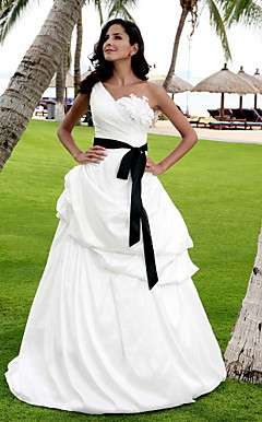 A-line One Shoulder Floor-length Taffeta Wedding Dress