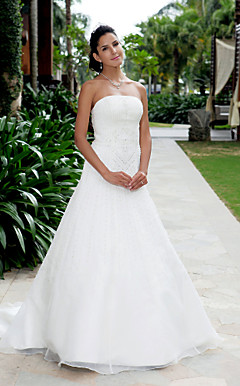 A-line Strapless Court Train Organza Wedding Dress