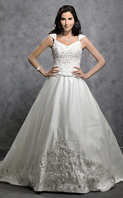 A-line/Princess Chapel Train Satin Wedding Dress with Beaded Embroidery