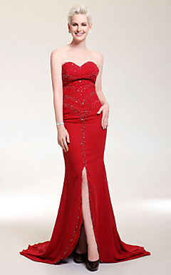 Sheath/Column Sweetheart Sweep/Brush Train Chiffon Over Stretch Satin Evening/Prom Dress