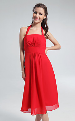 A-line Halter Square Knee-length Chiffon Bridesmaid Dress