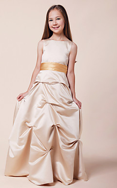 A-line Princess Bateau Floor-length Satin Junior Bridesmaid Dress