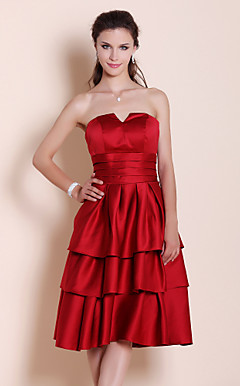 A-line Strapless Knee-length Tiered Satin Bridesmaid Dress