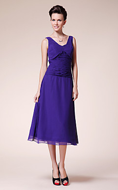 A-line V-neck Tea-length Chiffon Mother of the Bride Dress
