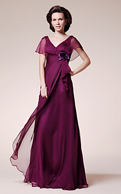 A-line V-neck Short Sleeve Floor-length Chiffon Mother of the Bride Dress
