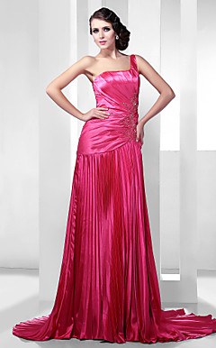 A-line One Shoulder Court Train Stretch Satin Evening Dress