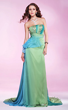 A-line Strapless Court Train Chiffon Evening Dress