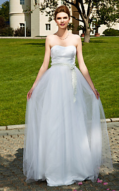 A-line Sweetheart Floor-length Tulle  Elastic Woven Satin Wedding Dress