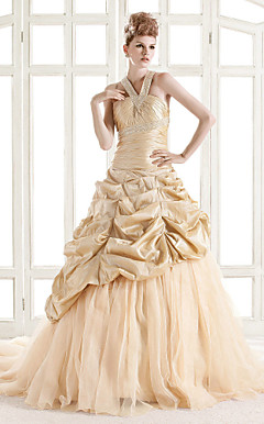 tafetán vestido de novia A-Line V-cuello tribunal