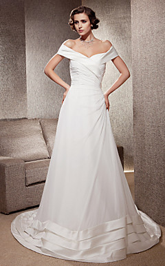 A-line Off-the-shoulder Chapel Train Chiffon Satin Wedding Dress